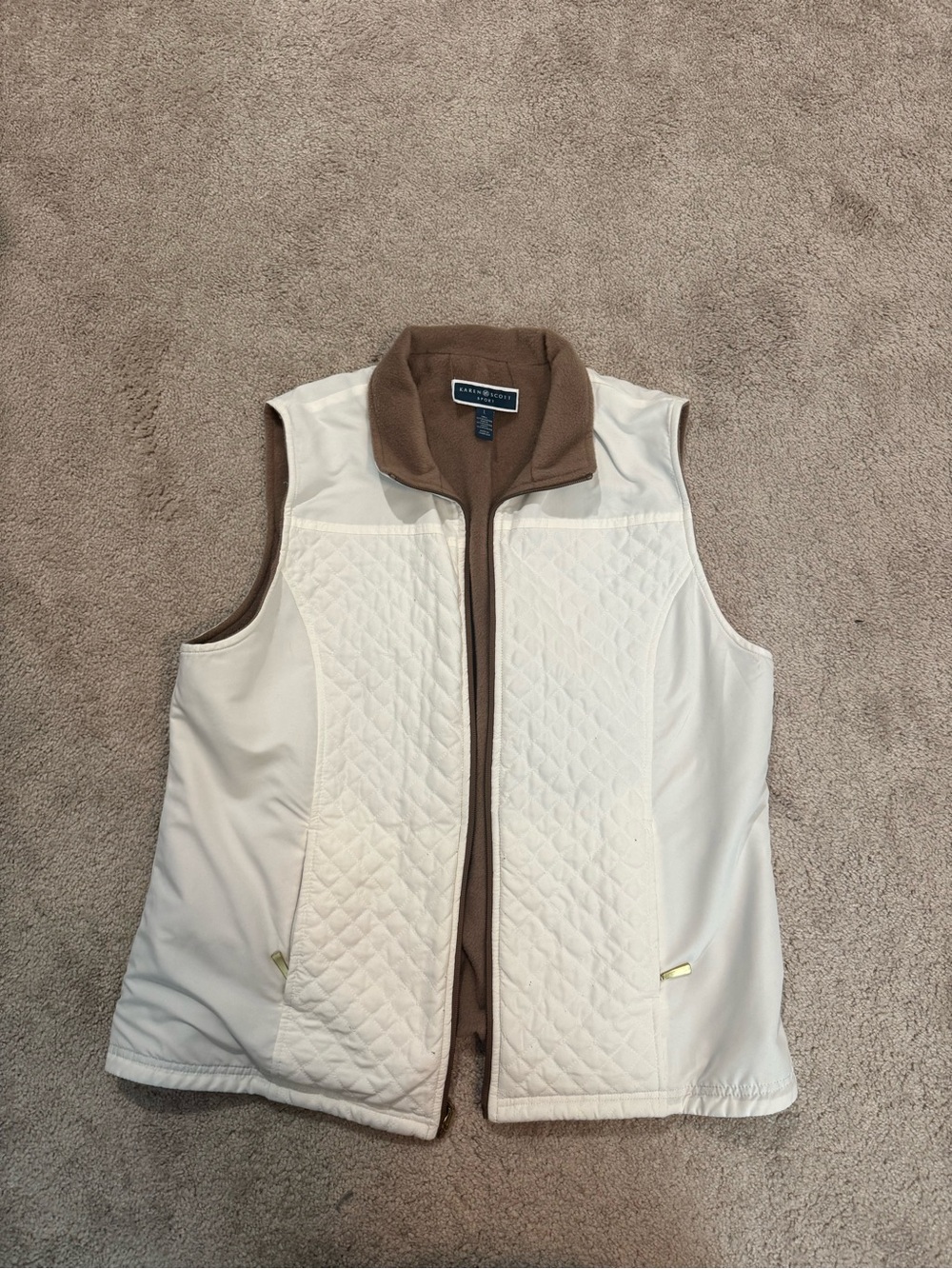 Karen Scott Cream Quilted Vest with Brown Trim